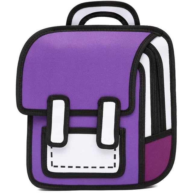 Mochila 3D salto niños, dibujo animado 2D, mochila cómic 16" (amarilla, morada)