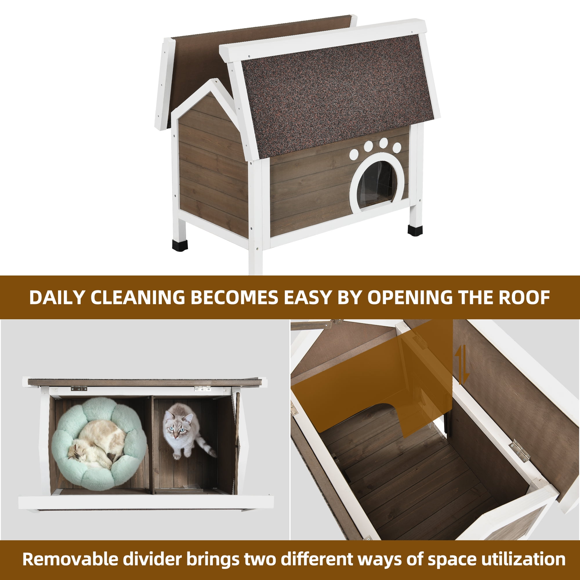 Uforic Outdoor Wood Cat House with Foam, Weatherproof Insulated Cat Shelter Enclosure, Brown