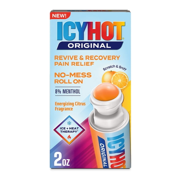 Icy Hot Original Pain Relief Revive & Recovery No-Mess Roll-On Applicator, Fast-Acting Pain Relief With 8% Menthol for Backaches, Joints, Muscle Strains and Arthritis, Energizing Citrus, 2 oz