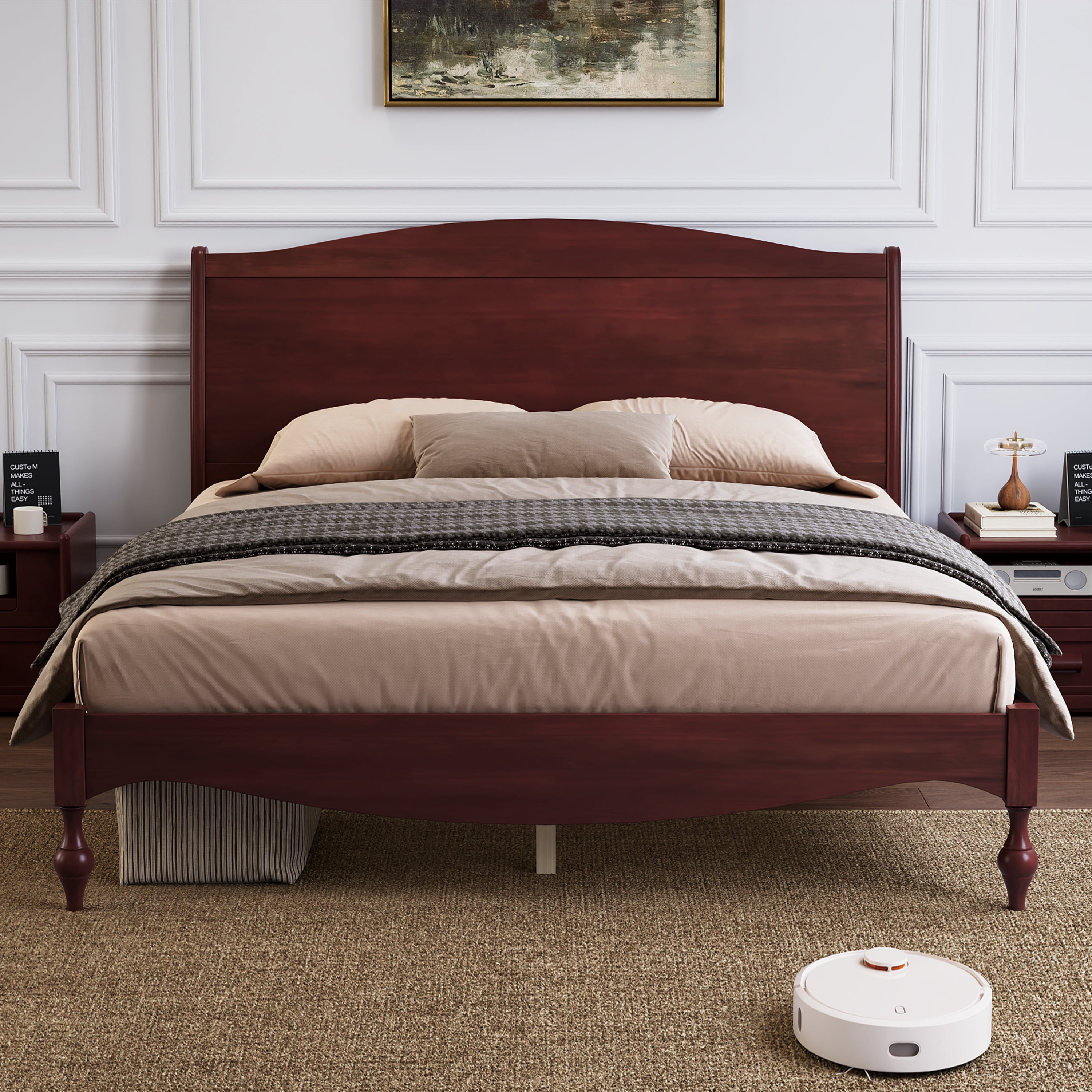 Mintazer Vintage Curved Queen Platform Bed with Traditional Arched Headboard & Turned Legs for Bedroom, No Box Spring Needed, Easy Assembly, Dark Walnut