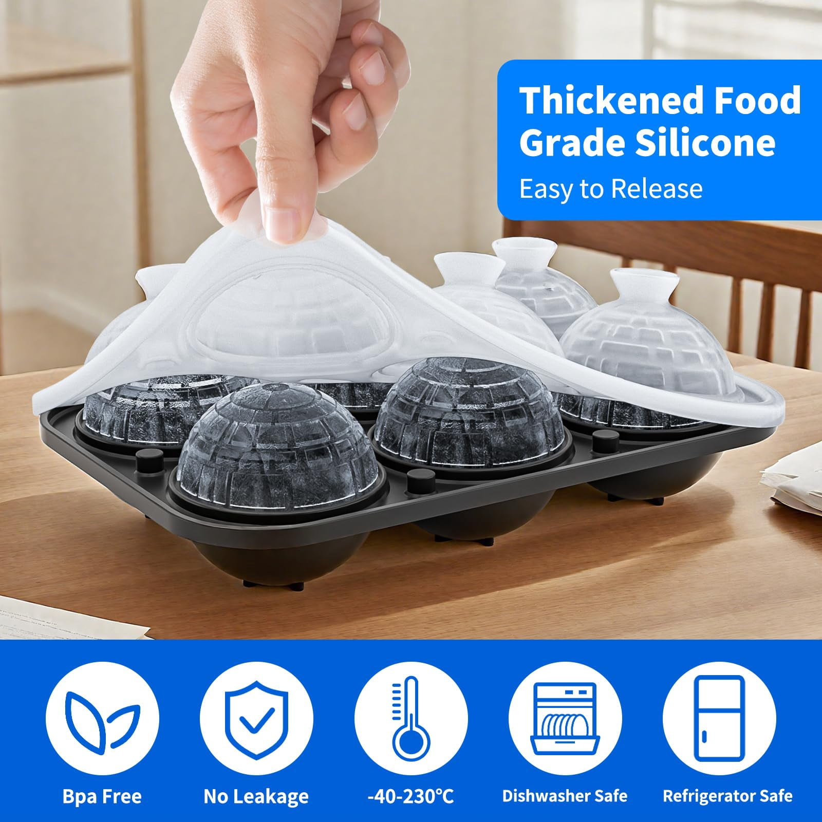 6 Chamber 2.34" 3d Death Star Ball Ice Cube Tray With Funnel Large Round Molds Silicone Fun Shapes Circle For Chilling Brandy And Beverages