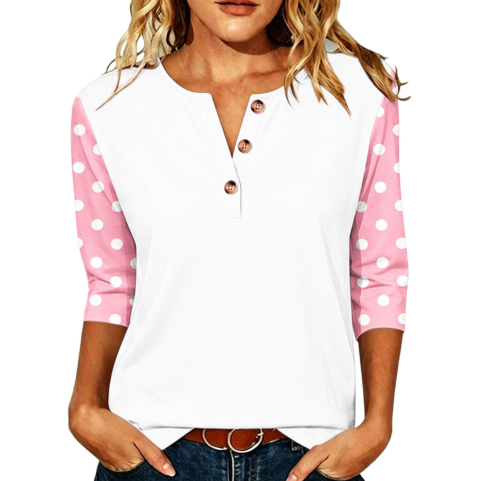 Vrorvz 3/4 Sleeve Shirts for Womens V Neck Button Shirt Color Block Top Casual Loose Tunic Fall Tops