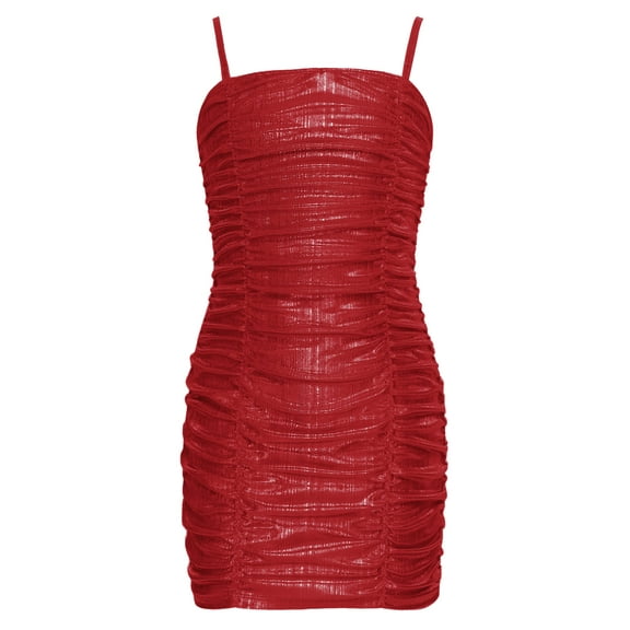 SiiRoh Girls Spaghetti Strap Cami Bodycon Mini Dress Sleeveless Ruched Short Slim Pencil Dresses Red 10