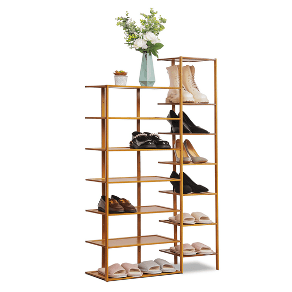 MoNiBloom Bamboo 14 Tiers Shoes Rack, 28 Pairs Organizer Shelves Stand, Brown, for Entryway