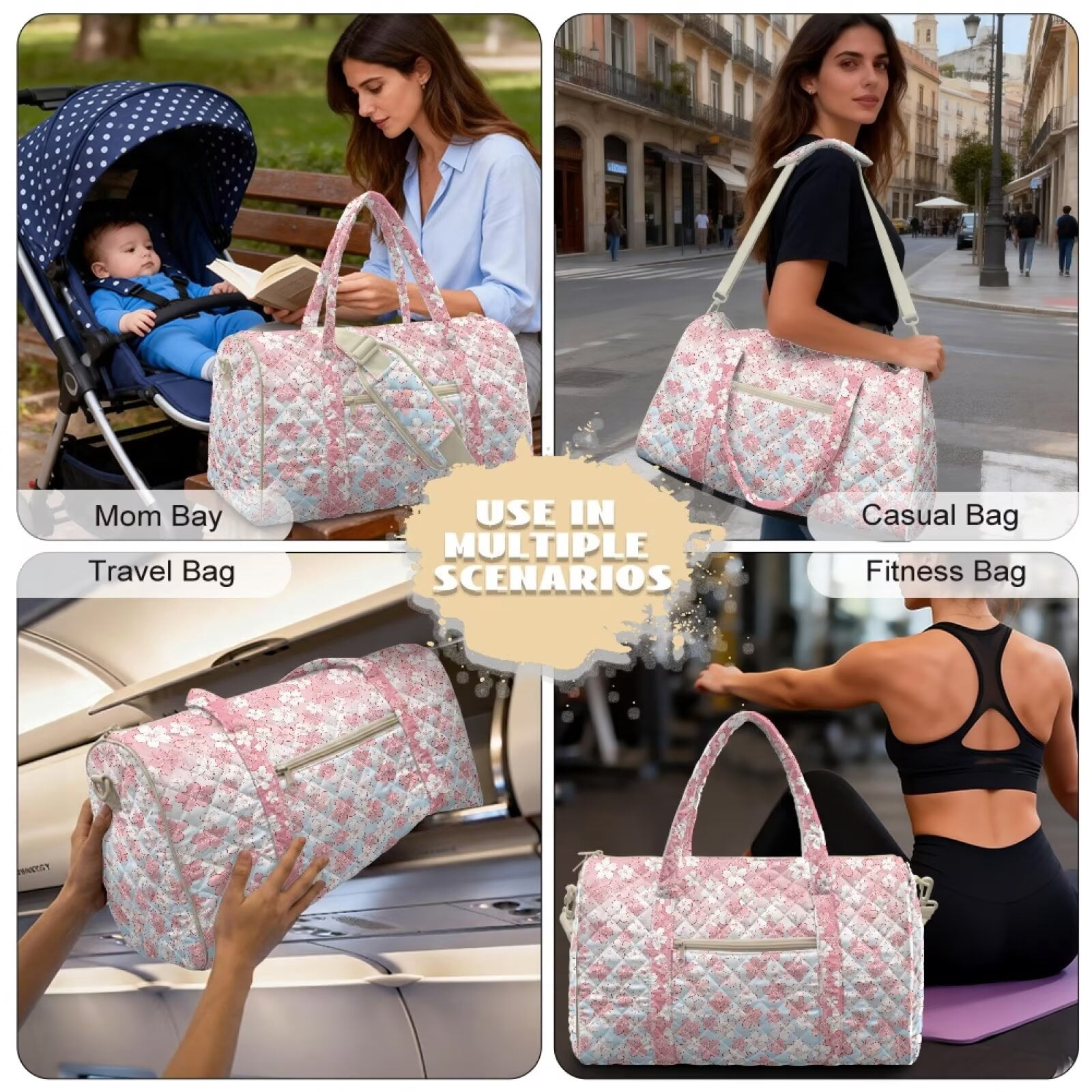 Pzuqiu Cherry Blossom Large Quilted Weekender Bag for Women, Lightweight Soft Puffy Duffle Carry On Tote, Travel Overnight Gym Luggage Bag with Adjustable Strap Portable