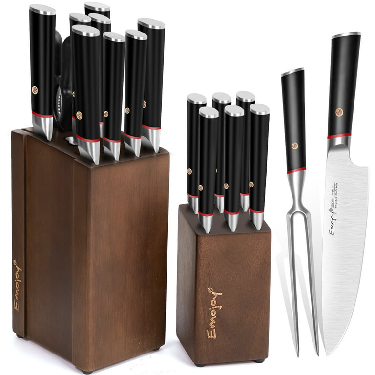Emojoy Kitchen Knife Set,Knife Set for Kitchen with Block 6 Pcs High Carbon  Stainless Steel Wooden Handle Knife Block Set without Steak Knives…