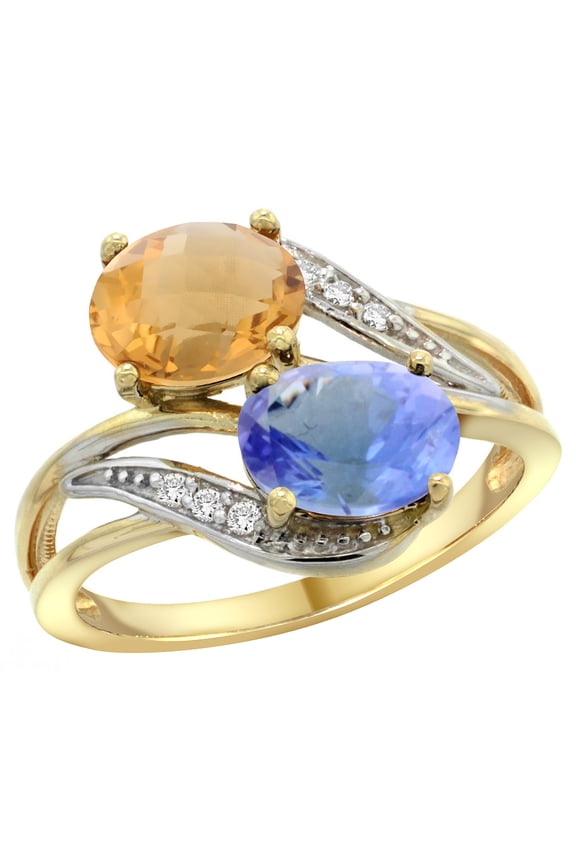 14K Yellow Gold Diamond Natural Whisky Quartz & Tanzanite 2-stone Ring Oval 8x6mm, size 8