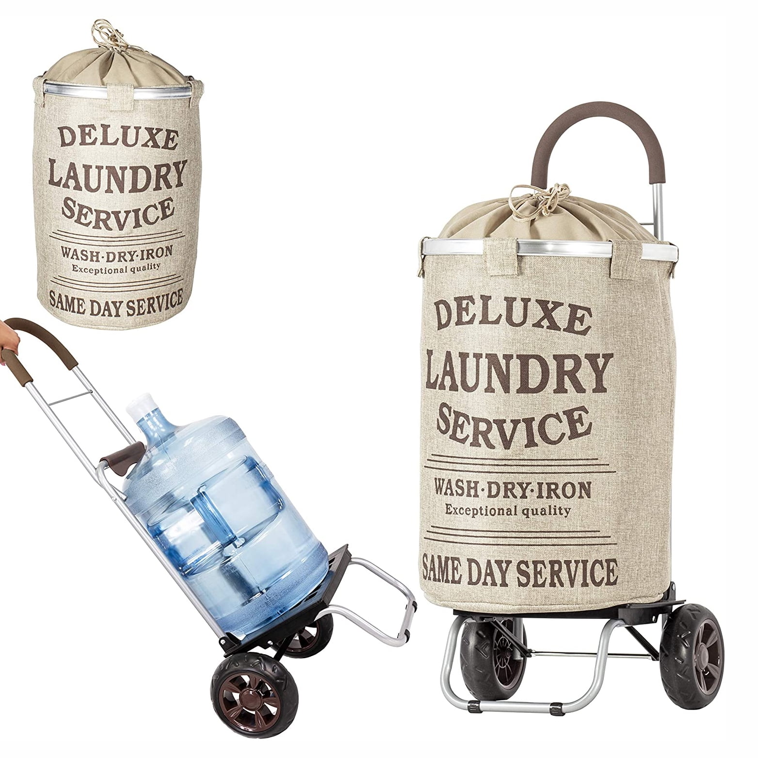 dbest products Laundry Trolley Dolly with Beige Hamper Bag and Wheeled Cart