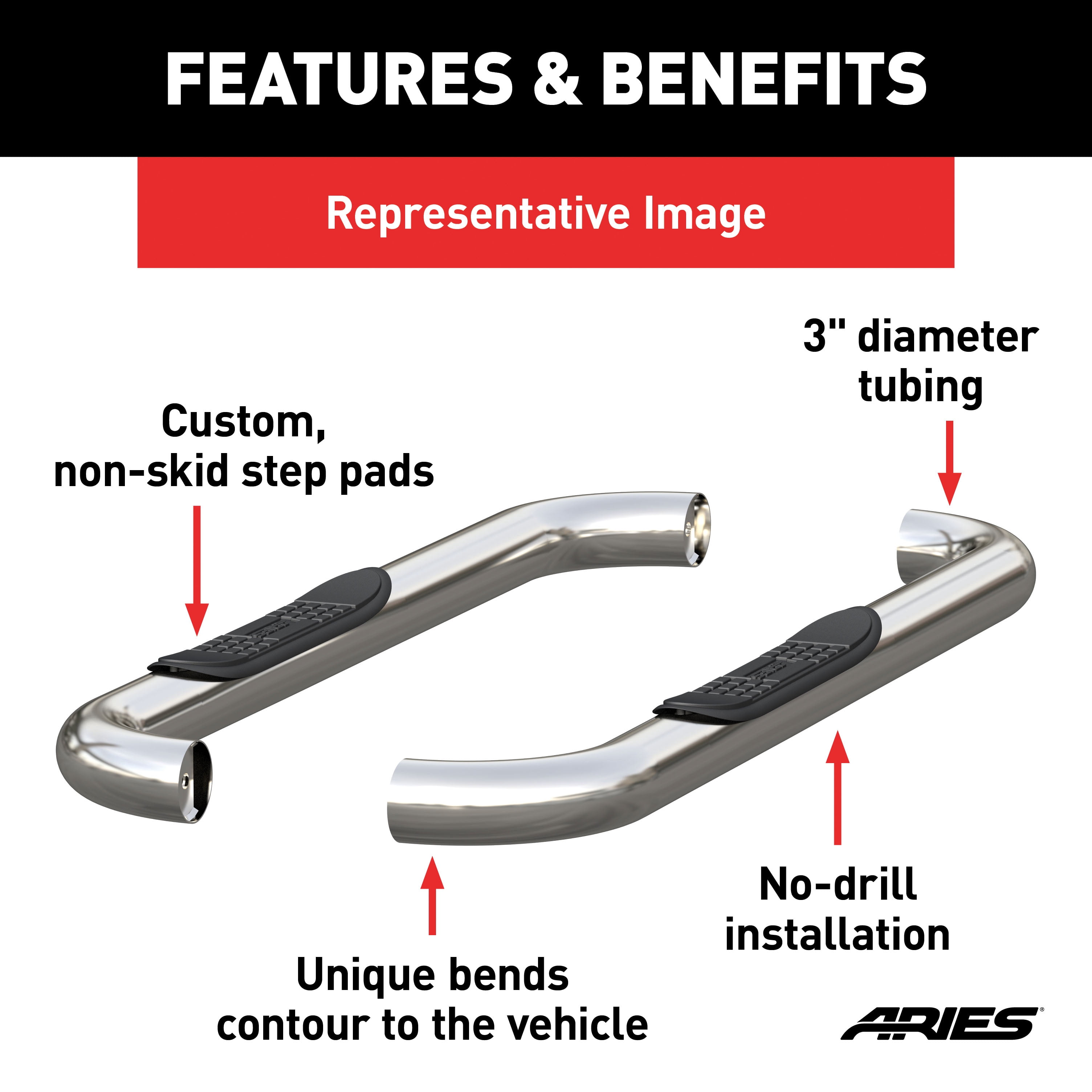ARIES 204018-2 3-Inch Round Polished Stainless Steel Nerf Bars, No-Drill