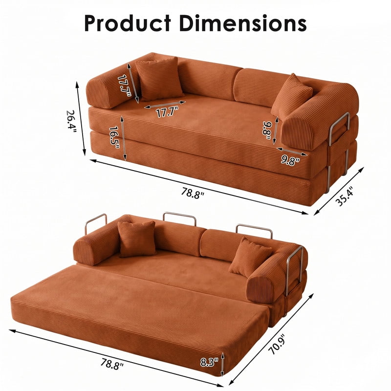 Anpport 78.8" Compression Boneless Sectional Sofa, Convertible Floor Sleeper Bed with Pillow Back Armrest, Corduroy Fabric, Tangerine, for Living Room Bedroom