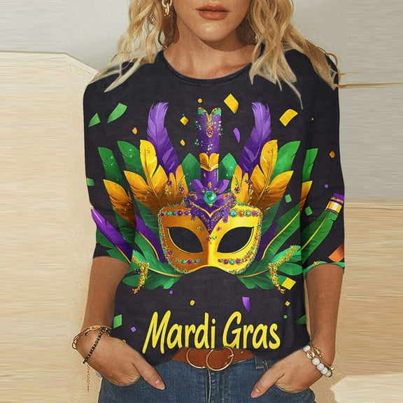 SOOMLON Mardi Gras Outfit for Women Carnival Tops Tuesday Party 3/4 Sleeve Shirts Fancy Mask Print Outfits Trendy Crew Neck Tshirts New Orleans Holiday Blouses 2025 Multicolor XL