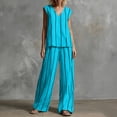 thumbnail image 6 of QSAWXQZ Women's Cotton Linen 2pc Outfit Sets Striped V Neck Sleeveless Tank Top Elastic Waist Wide Leg Pants with Pockets Casual for Summer 2XL, 6 of 6