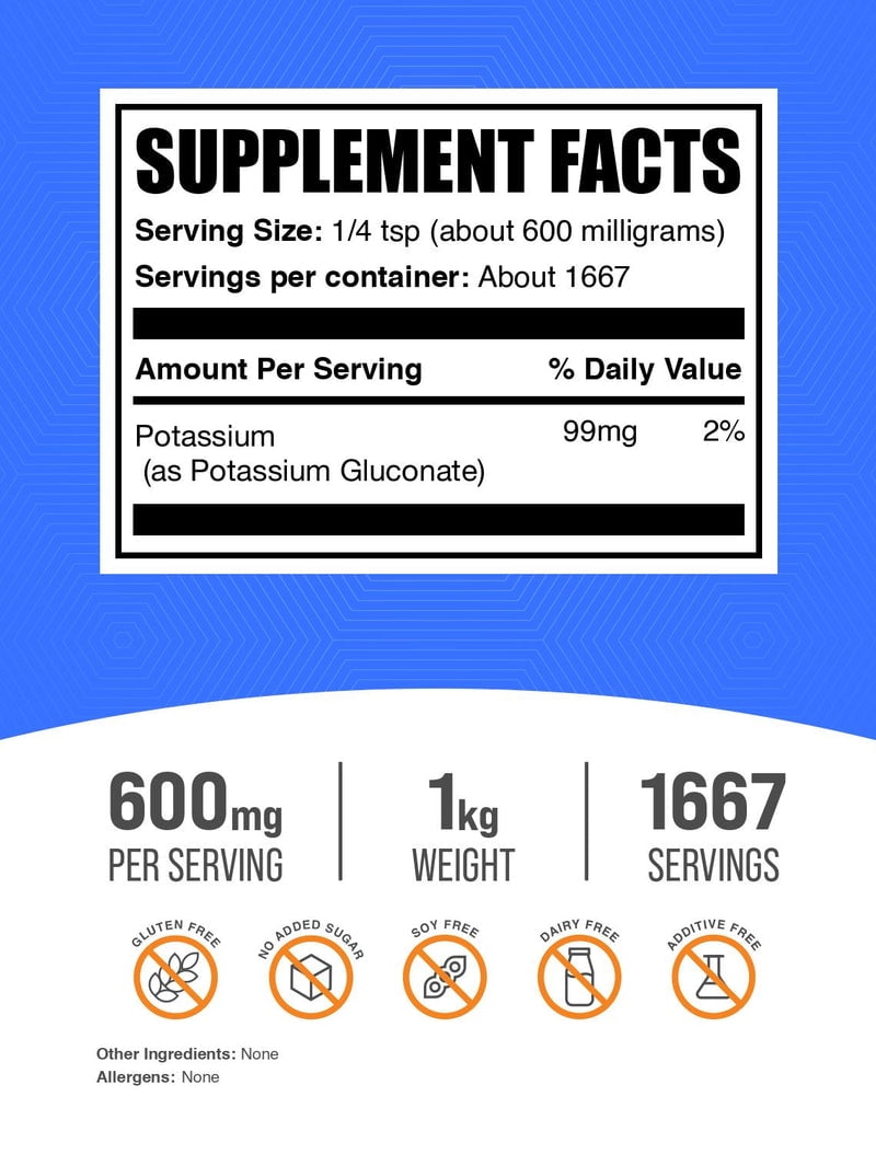 BulkSupplements Potassium Gluconate Powder - 600mg per Serving - 1 Kilogram (2.2 lbs) - 1667 Servings
