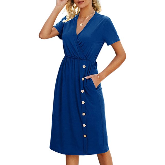 Robes d'Été Décontractées pour Femmes Col en V Manches Courtes Bouton T-Shirt Robe Midi