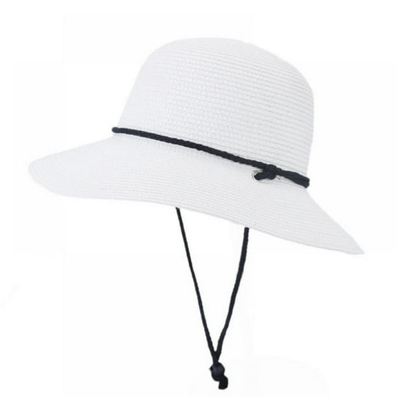 Straw Hats for Women Lady Wide Brim Panama Fedora Cap Beach Hat with Wind Lanyard UPF 50 
