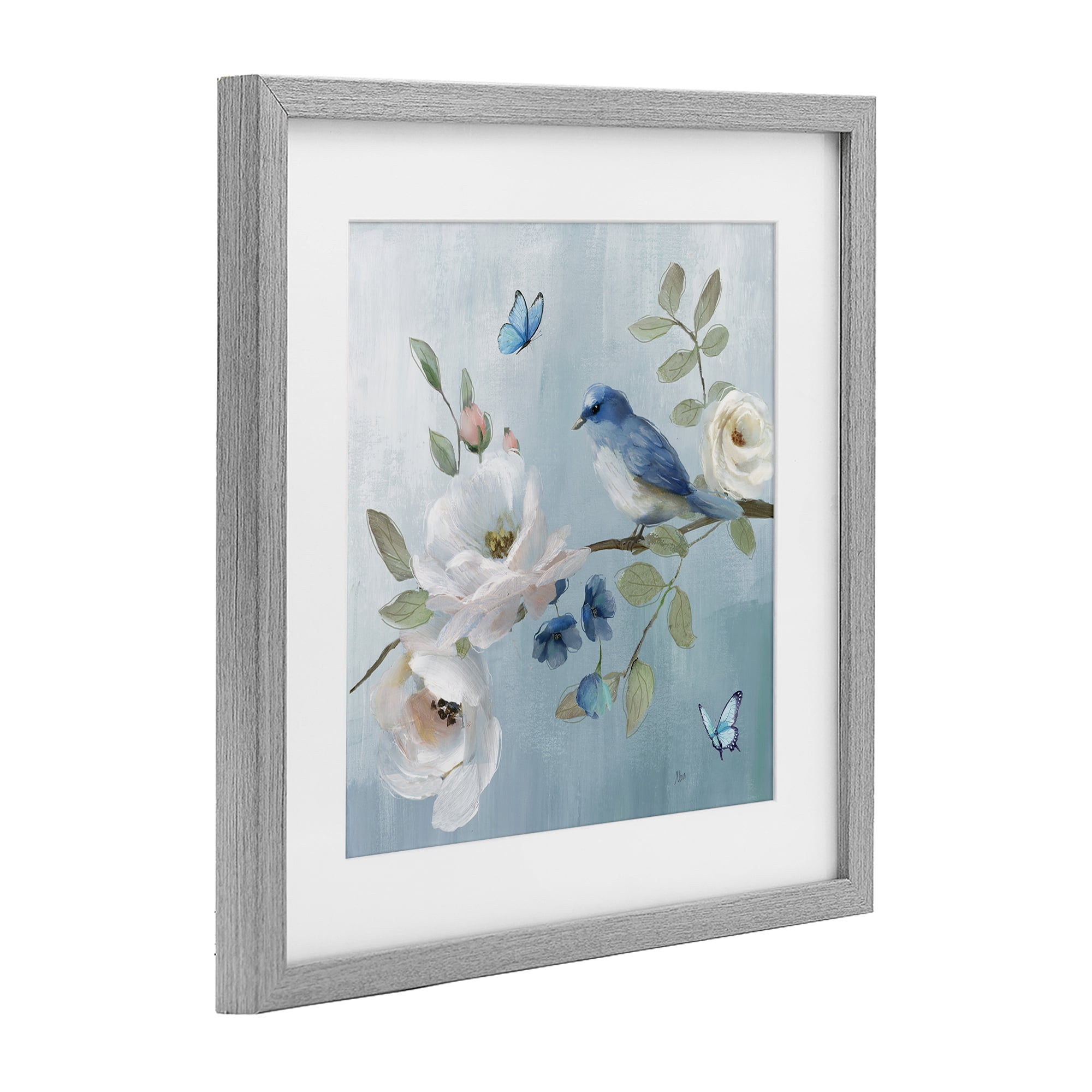 Stupell Industries Pastel Blue Bird Blooms Gray Framed Print Under Glass, design by Nan
