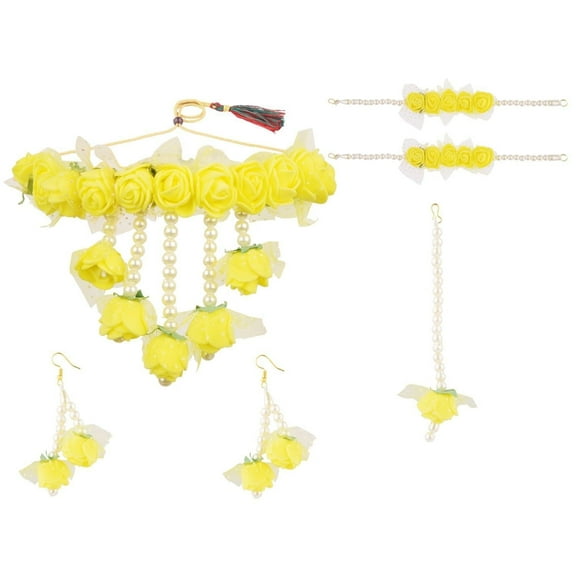 Efulgenz Multicolor Flower Jewelry Set Handmade Jewelry Faux Pearl Tassel Choker Necklace Earrings Maangtikka Bracelet Set Indian Jewelry for Weddding Haldi Mehandi Shower for Women