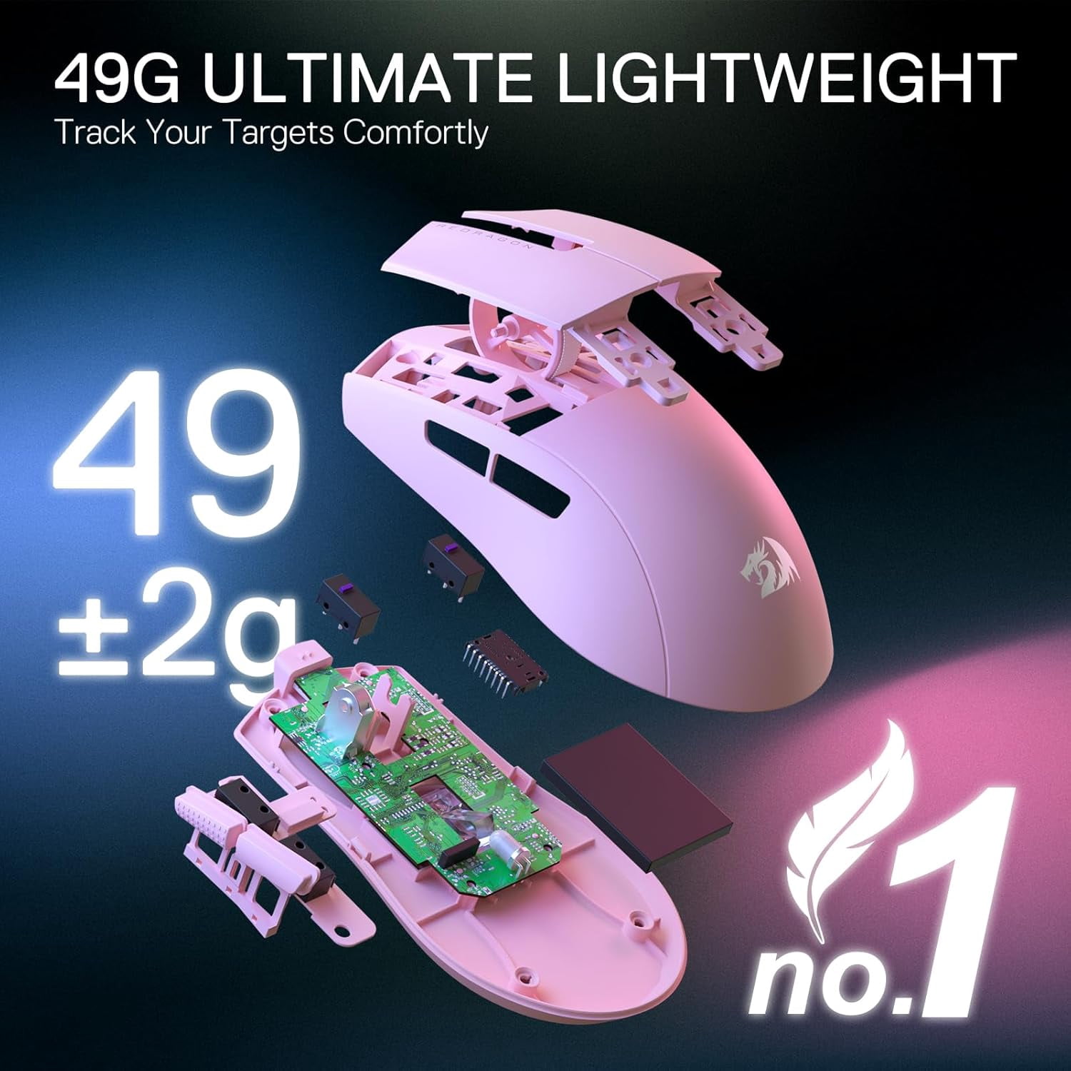 Redragon M916 PRO 3-Mode Wireless Gaming Mouse, 49G Ultra-Light 26K DPI Gamer Mouse w/Ergonomic Natural Grip Build, Full Programmable Buttons, Software Supports DIY Keybinds & DPI (1K Hz, Pink)