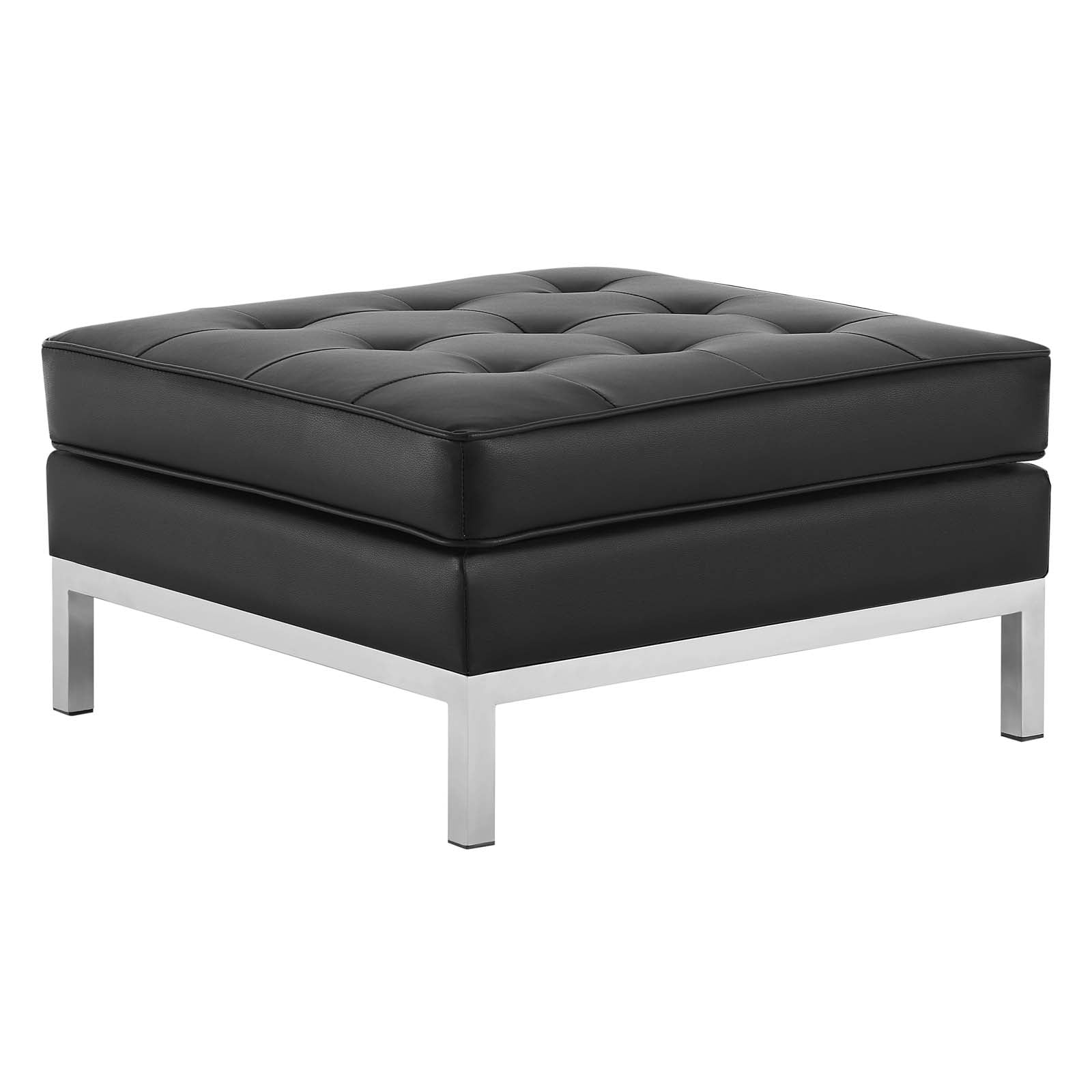 Tufted Upholstered Faux Leather Square Ottoman, Silver Black