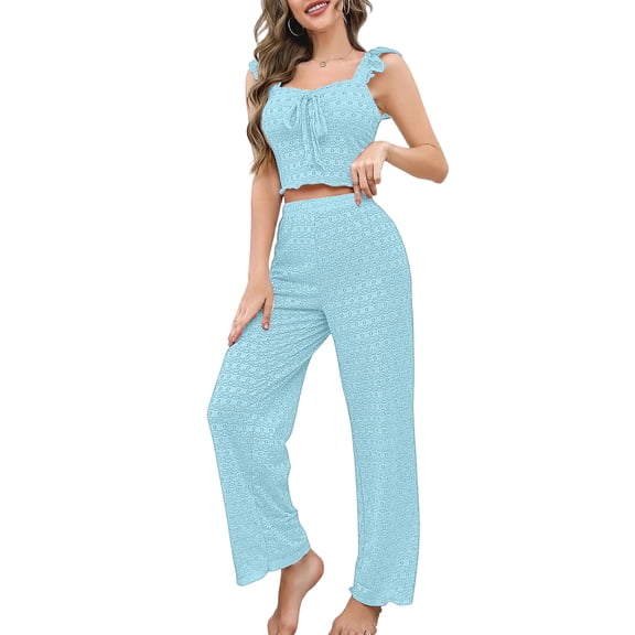Two Piece Outfits for Women, Solid Color Casual Top and Pants, Simple Everyday Matching Set, Blue - S