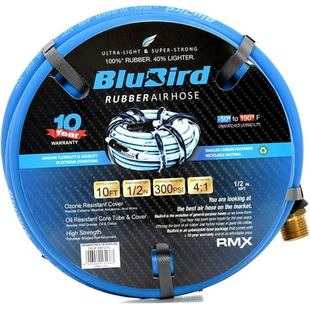 BluBird Lightest, Strongest, Most Flexible Rubber Air Hose (1/2" x 10') - BB1210