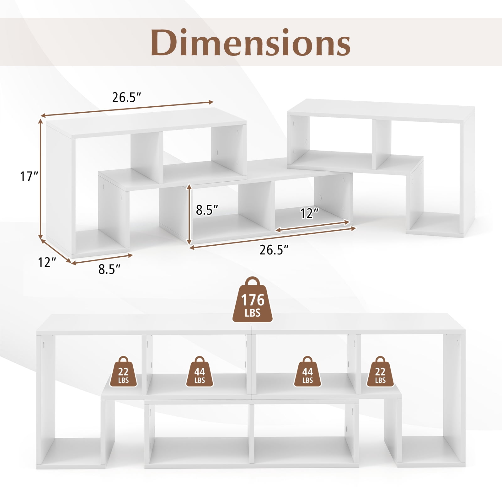 Costway 3 Pieces Adjustable TV Console Stand with 2 L-Shaped Shelve & Rectangular Shelf for TVs up to 65” Light White