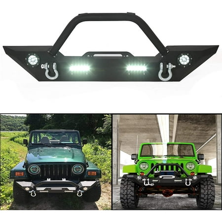 Kojem Front Bumper W/ Winch Plate LED Lights D-rings for 2007-2018 Jeep Wrangler JK & 2018-2022 Wrangler JL & Unlimited JLU & 2020-2022 Gladiator JT