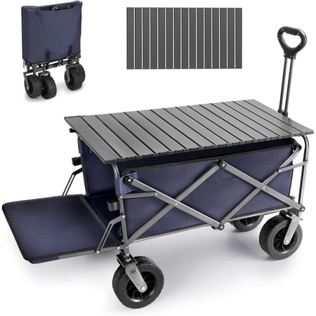 Collapsible Wagon Carts with Table Foldable,300Lbs Capacity 43" Extra Long Extender Tailgate Design,Heavy Duty Beach Wagon with Big Wheels for Outdoor Camping,Sports,Shopping,Beach