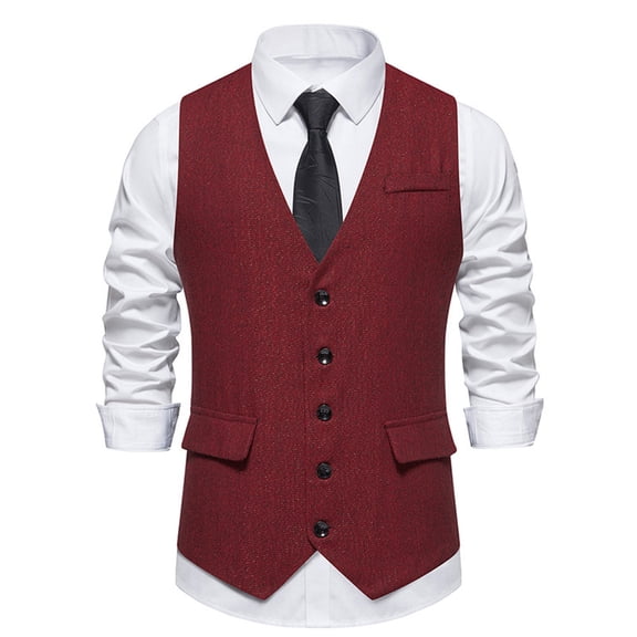 Mens Suit Vest Waistcoat Casual Tweed Vintage V Neck Business Herringbone for Prom Red XXL