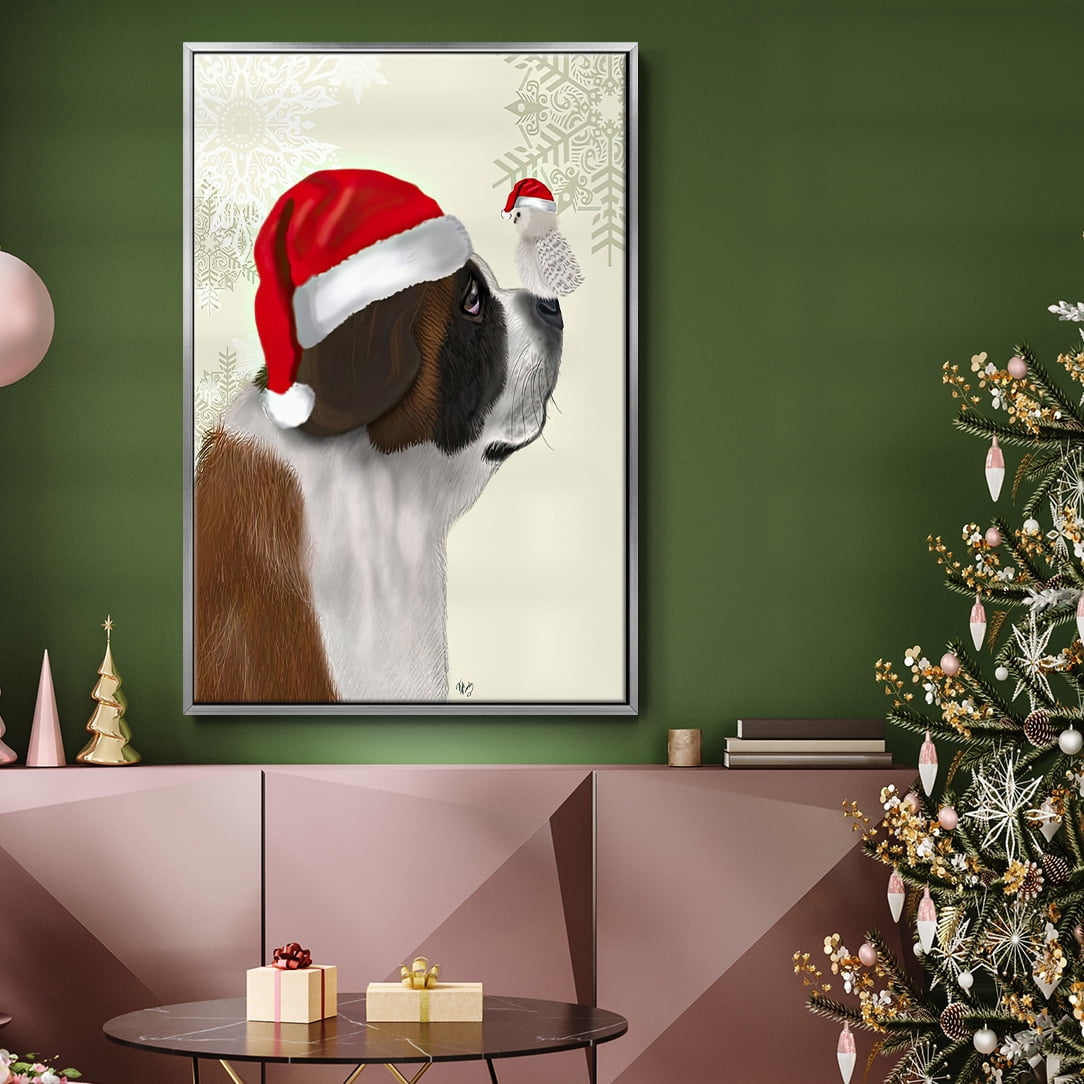 Christmas St Bernard and Fluffy Owl - Framed Gallery Wrapped Holiday Canvas - 27 x 41 - Silver Frame