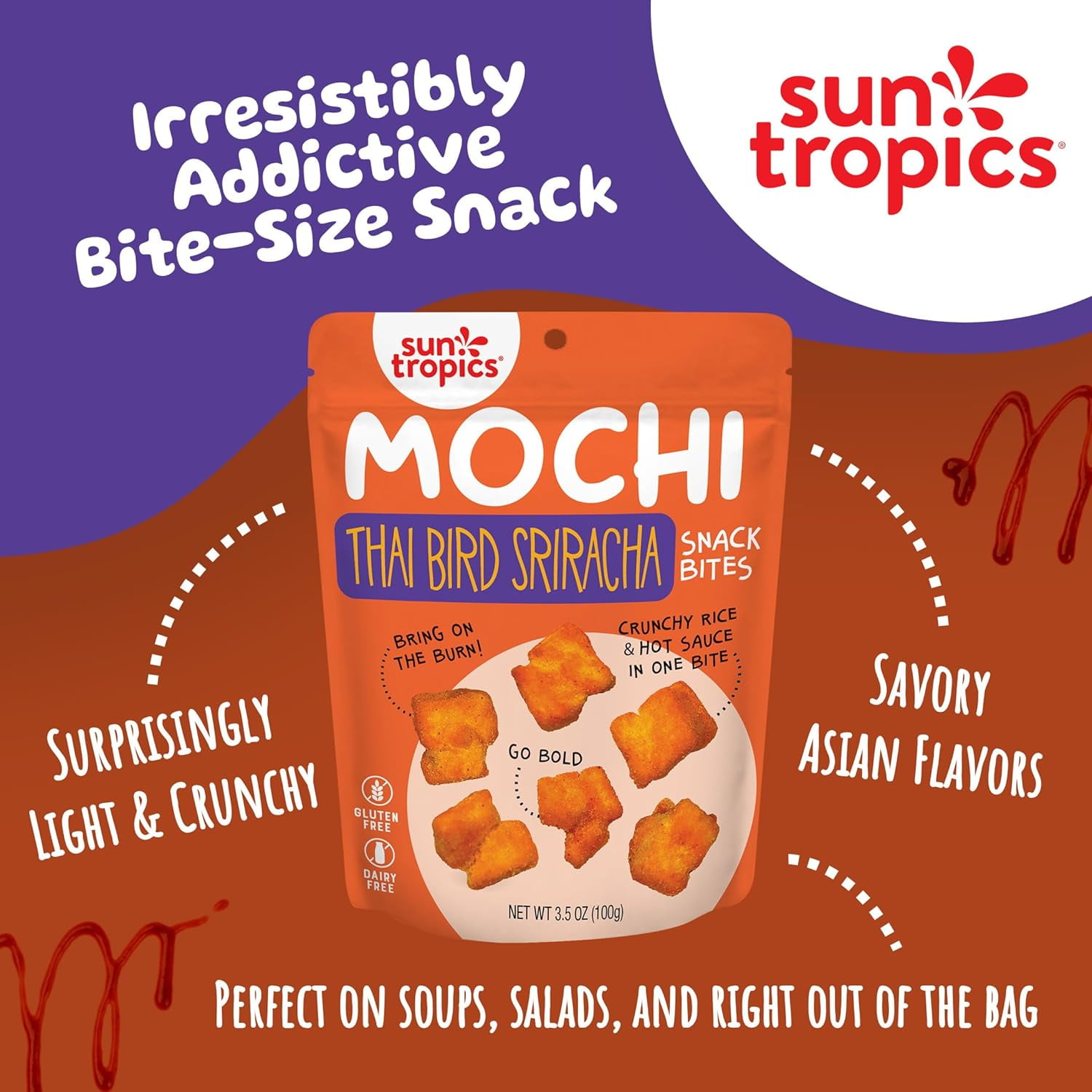 (Pack of 12), Sun Tropics Thai Bird Sriracha Mochi Snack Bites, 3.5 oz