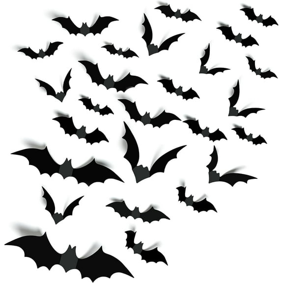 96PCS Halloween Bats Decorations, 8 Different Sizes Realistic PVC Black 3D Scary Bat Sticker for Home Decor DIY Wall Decal Indoor Halloween Party Supplies
