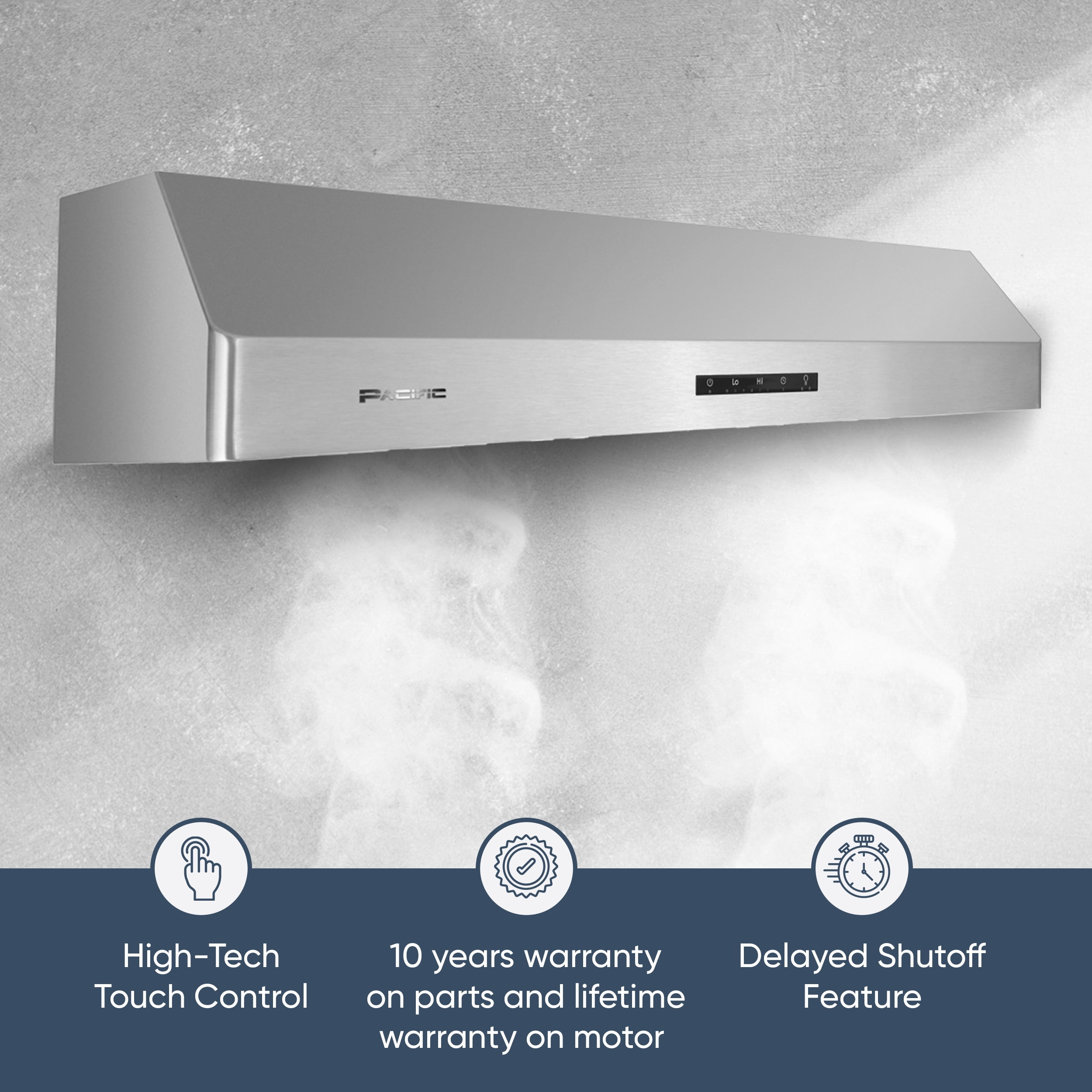 Pacific Economy Pro Under Cabinet Ducted Range Hood 30 inch - 850 CFM 3-Speed Powerful Kitchen Vent Hood - Electric Stainless Steel - Ultra Quiet, Glass Touch Control, 6W LED Lights PR6830AS