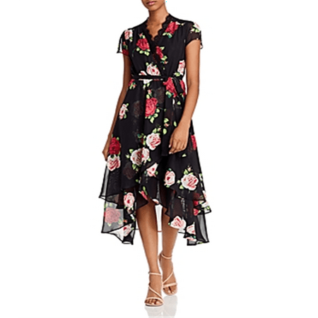 Betsey Johnson Women's Floating Roses Chiffon Lace Trim Surplice Dress Black Size 8