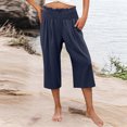thumbnail image 2 of Bloomae Womens Cropped Pants Wide Leg High Smoked Waisted Palazzo Pants Summer Flowy Beach Lounge Casual Cropped Trousers with Pockets Navy XL, 2 of 8