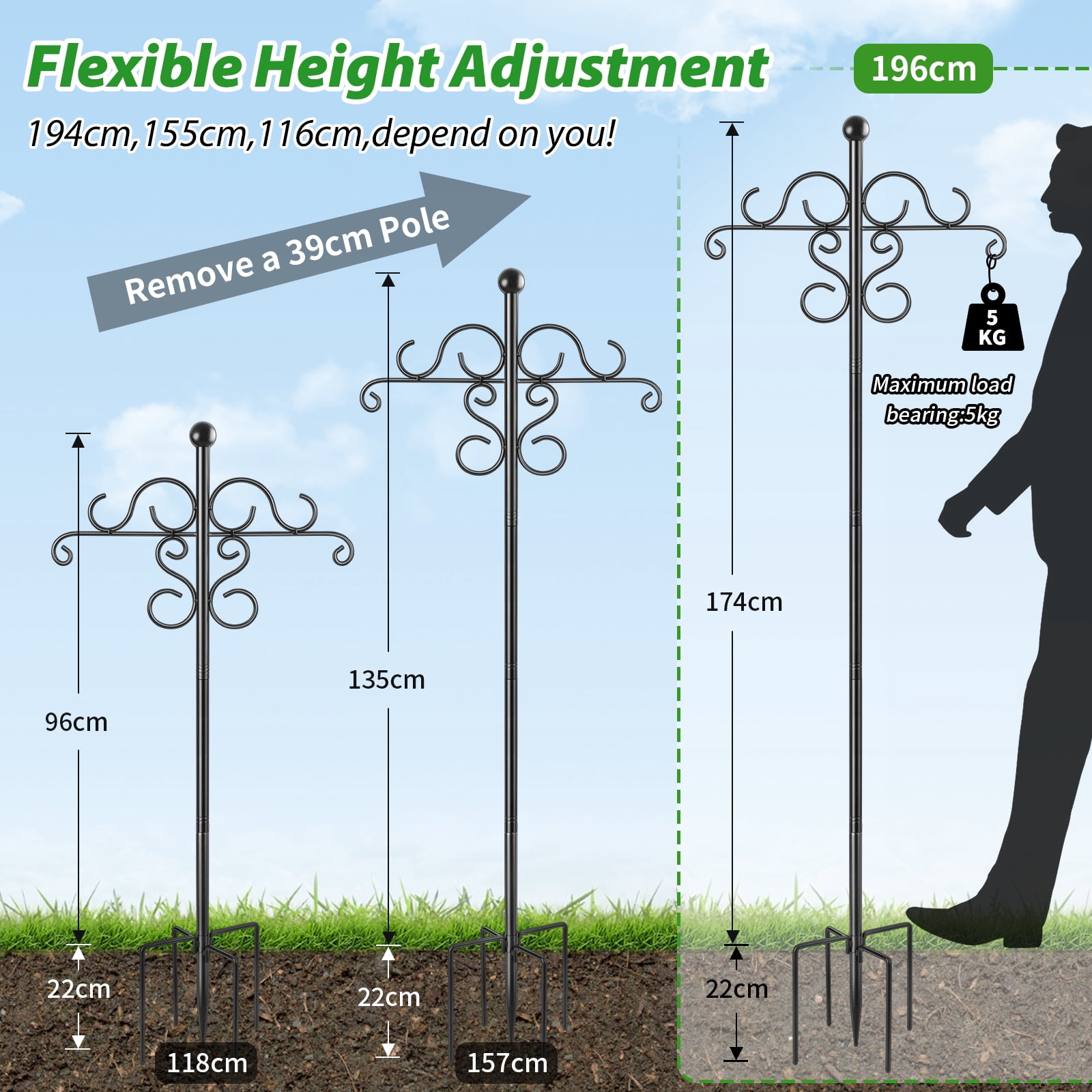 KOLAKO Bird Feeding Station, Heavy Duty Double Shepherds Hook, Metal Bird Feeder Pole Stand Free Standing, for Garden Lights Lantern,Plan Basket, 76 inch