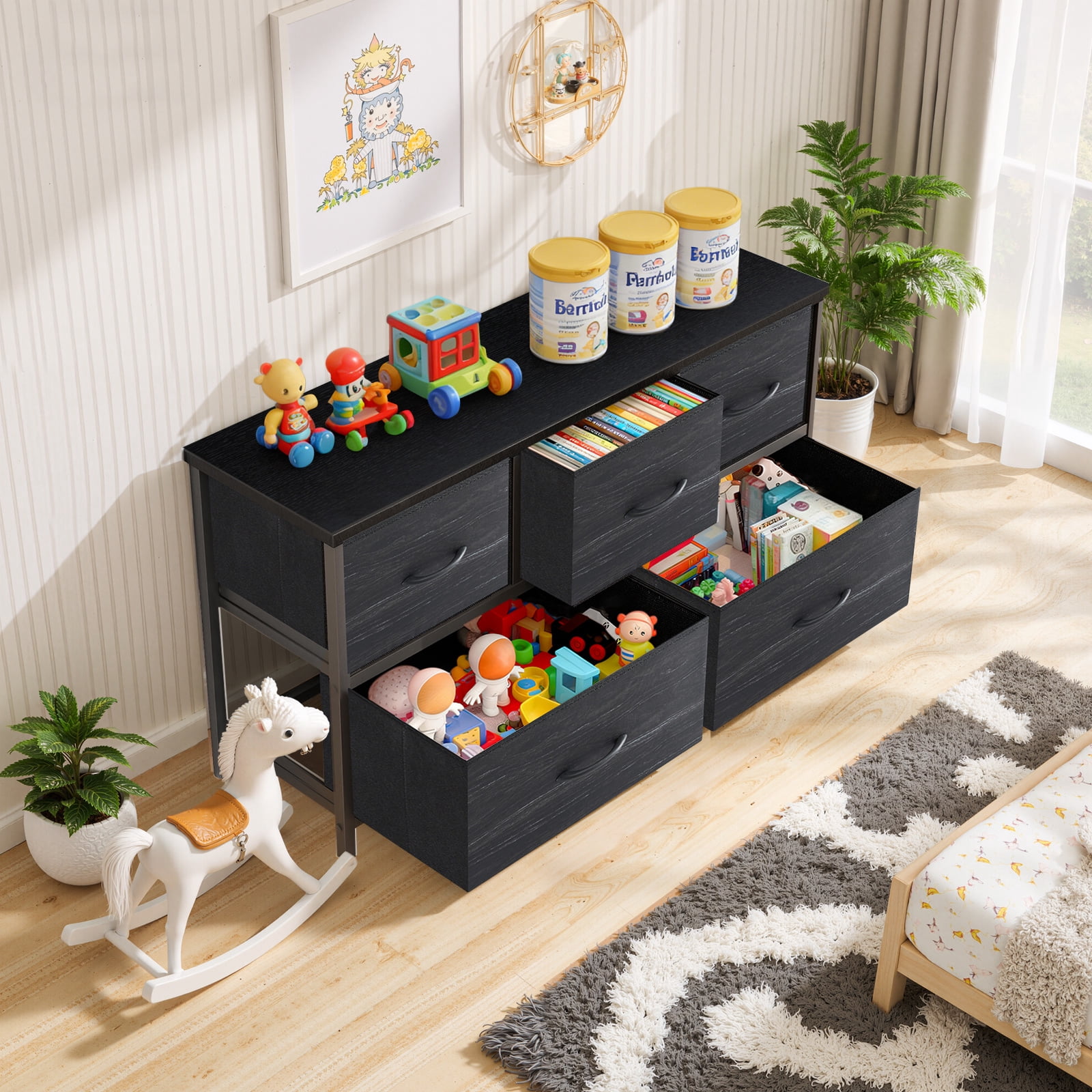 Dresser, Betcozy Storage Organizer with 5 Drawers for Bedroom, Chest of Drawers with Fabric Bins, Sturdy Metal Frame, Wood Tabletop, Black