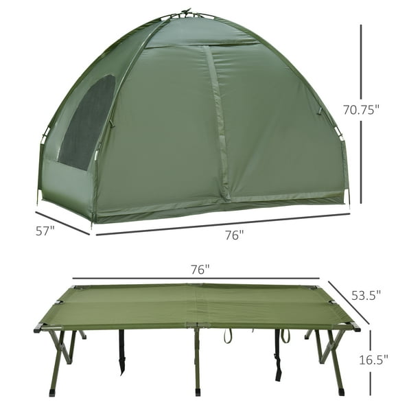 Tente surélevée 2 personnes avec lit de camp, matelas et sacs