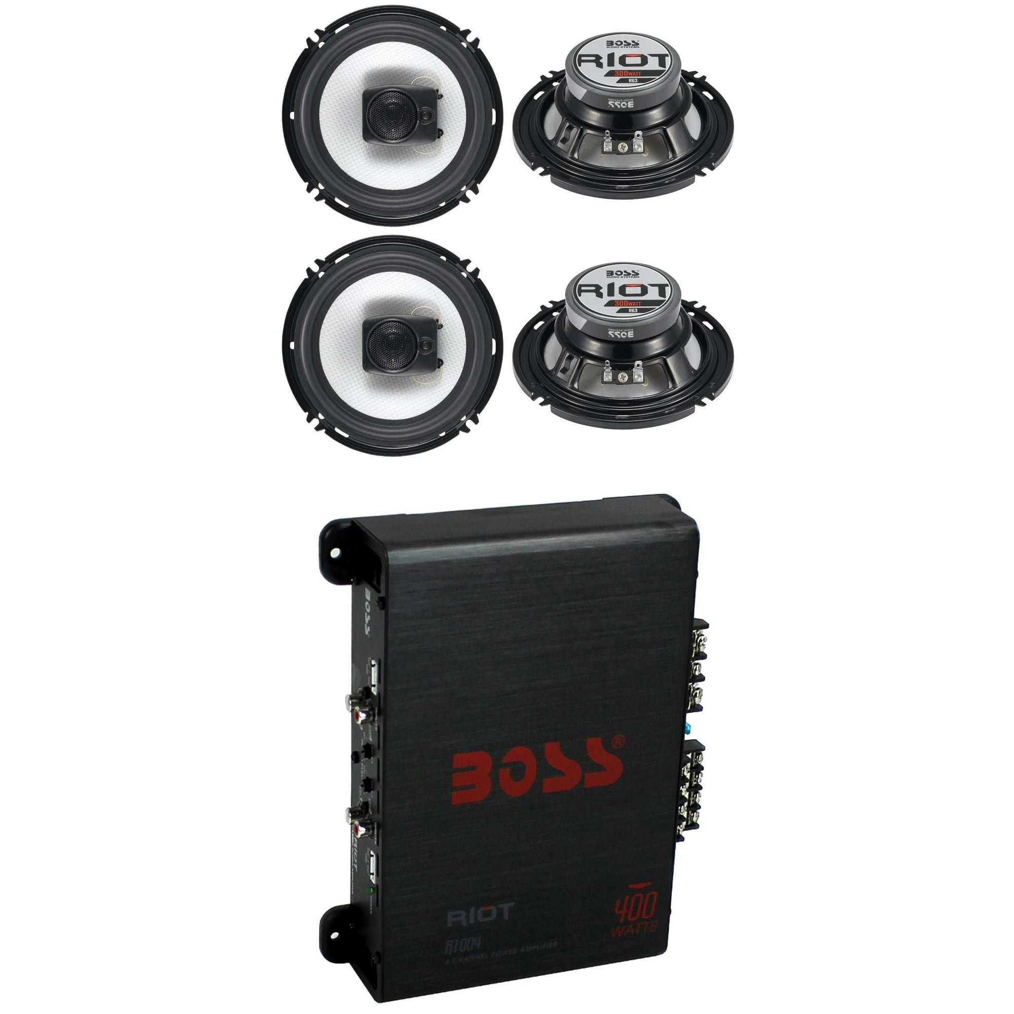 Boss  6.5″ 300W 3 Way Coaxial Speakers + R1004 400W 4 Channel .