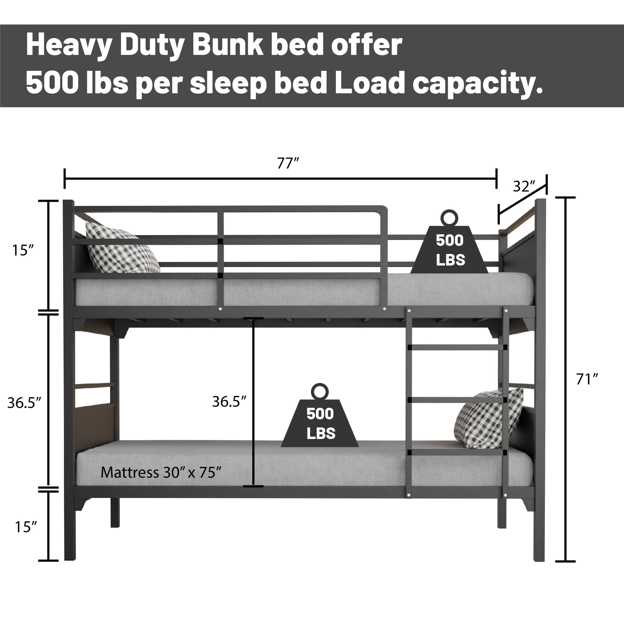 Continental Sleep, 5" Medium Firm Foam Mattress with Metal Bunk Bed, Good for Adult & Teen, 30".