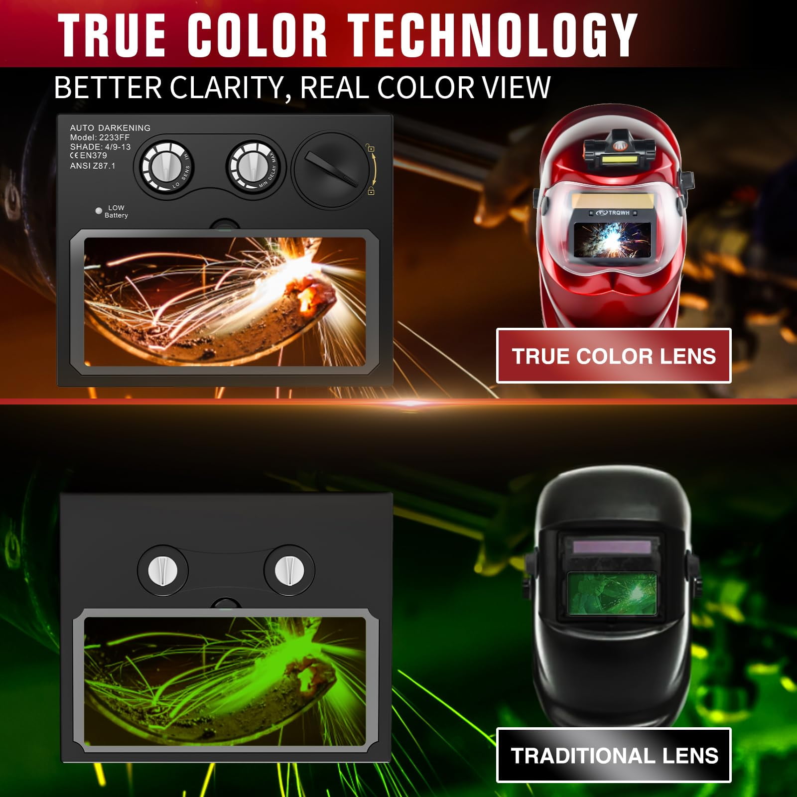 Auto Darkening Welding Helmet with Light Solar Powered True Color Welding Hood 2 Arc Sensor Wide Shade 9-13 Welding Mask with Extra Grinding Mode Weld Helmet