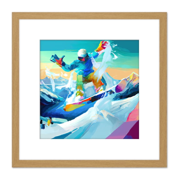 Snowboarder Mid Air Action Shot Modern Colourful Abstract Acrylic Paint Square Wooden Framed Wall Art Print Picture 8X8 Inch