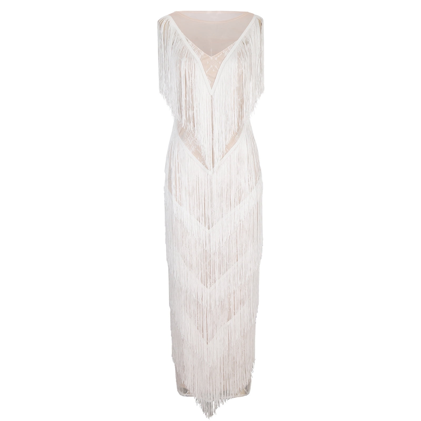 Women's Tassels Maxi Dresses White Sleeveless 1920s Flapper Dress Fringed Long Dress Elegant Party Prom Evening Dress White S