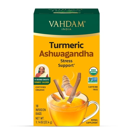 VAHDAM Organic Turmeric Ashwagandha Herbal Tea, 18 Tea Bags | Caffeine-Free Herbal Infusion, Non-GMO, Gluten-Free