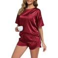 thumbnail image 7 of BEOEOSY Womens Satin Silky Pajama Set Short Sleeve High-low Hem Shirt with Short Pajama Pant Set,Wine Red, XL, 7 of 7
