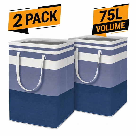 2 Pack 75L Laundry Hamper, Large Collapsible Laundry Basket with Handles, Freestanding Waterproof Clothes Hamper for Laundry Room, Bedroom, Bathroom, College Dorm, Blue
