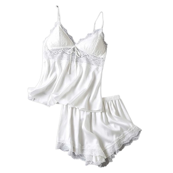 QINGFSAP Womens Satin Lace Cami Set Deep V Spaghetti Strap Removable Bra Tie Front Sleepwear