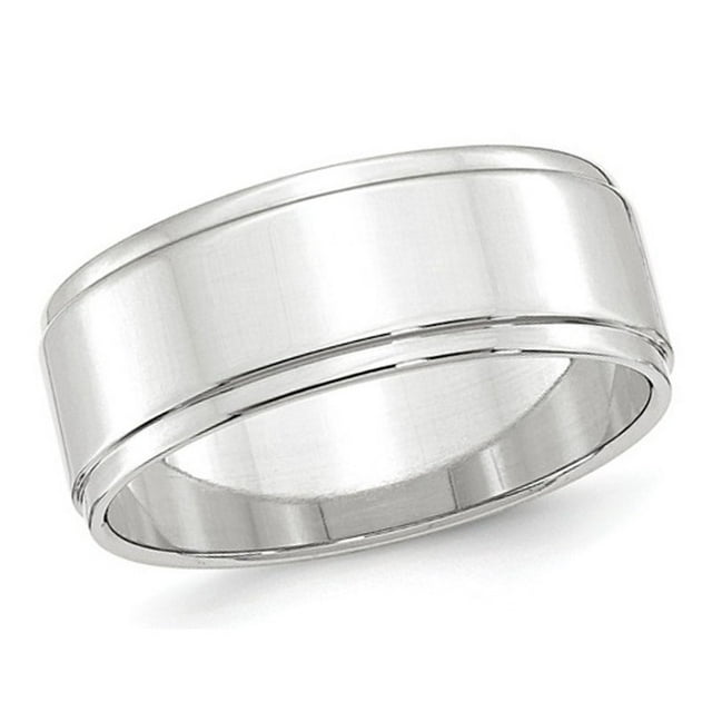 Mens 10K White Gold 8mm Flat Wedding Band Ring with Step Edge