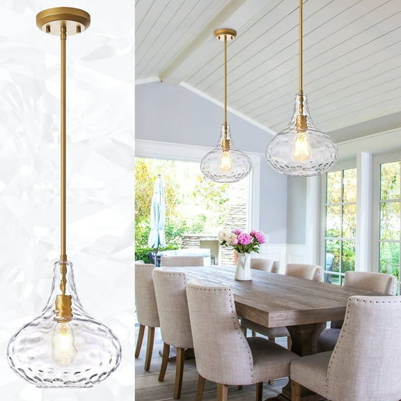 11" Clear Glass Pendant Light with Downrod Hanging–Large Hand-Blown Glass Shade with Hammered Texture and Gold Finish for Kitchen Island, Dining Room, Hallway, Living Room