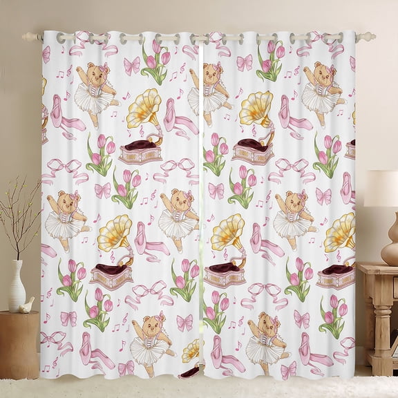 Homewish Kids Teens Girls Cartoon Ballet Bear Black Out Curtains,Kawaii Floral Bowknot Curtains Pack of 2 (42x63 Each),Dreamy Princess Bedroom Curtains,Microfiber Bedroom Decor